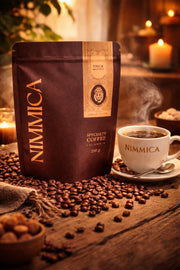 Nimmica Finca with fresh cup and roasted beans