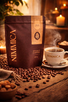 Nimmica Finca with fresh cup and roasted beans